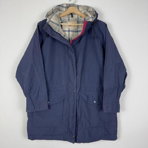 Vintage Woolrich Parka Coat Wool Blend Lined Women 8377 Navy Sz L Plaid Outdoor - Picture 1 of 13